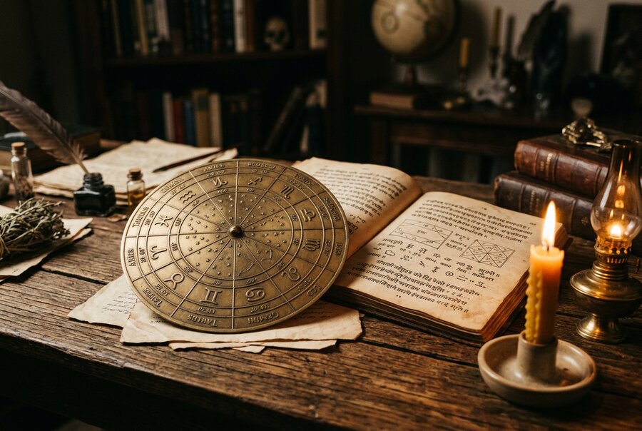 Ancient astrological chart with candlelight